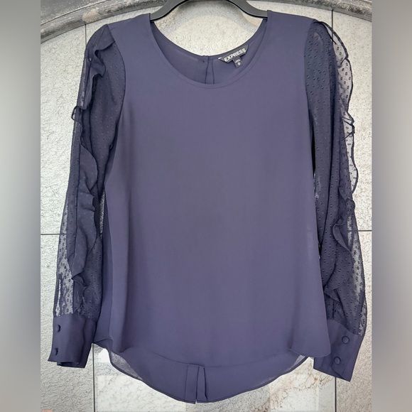 Express Navy Blouse with Sheer Polka Dot Sleeves - Picture 9 of 11